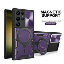 Allytech Slim Rugged Case for Samsung Galaxy S25 Ultra, Built-in 1 Pack Screen Protector & 360°Rotate Ring Stand [Slide Lens Cover] Magnetic Car Mount Hybrid Shockproof Anti-Fall Cover, Purple