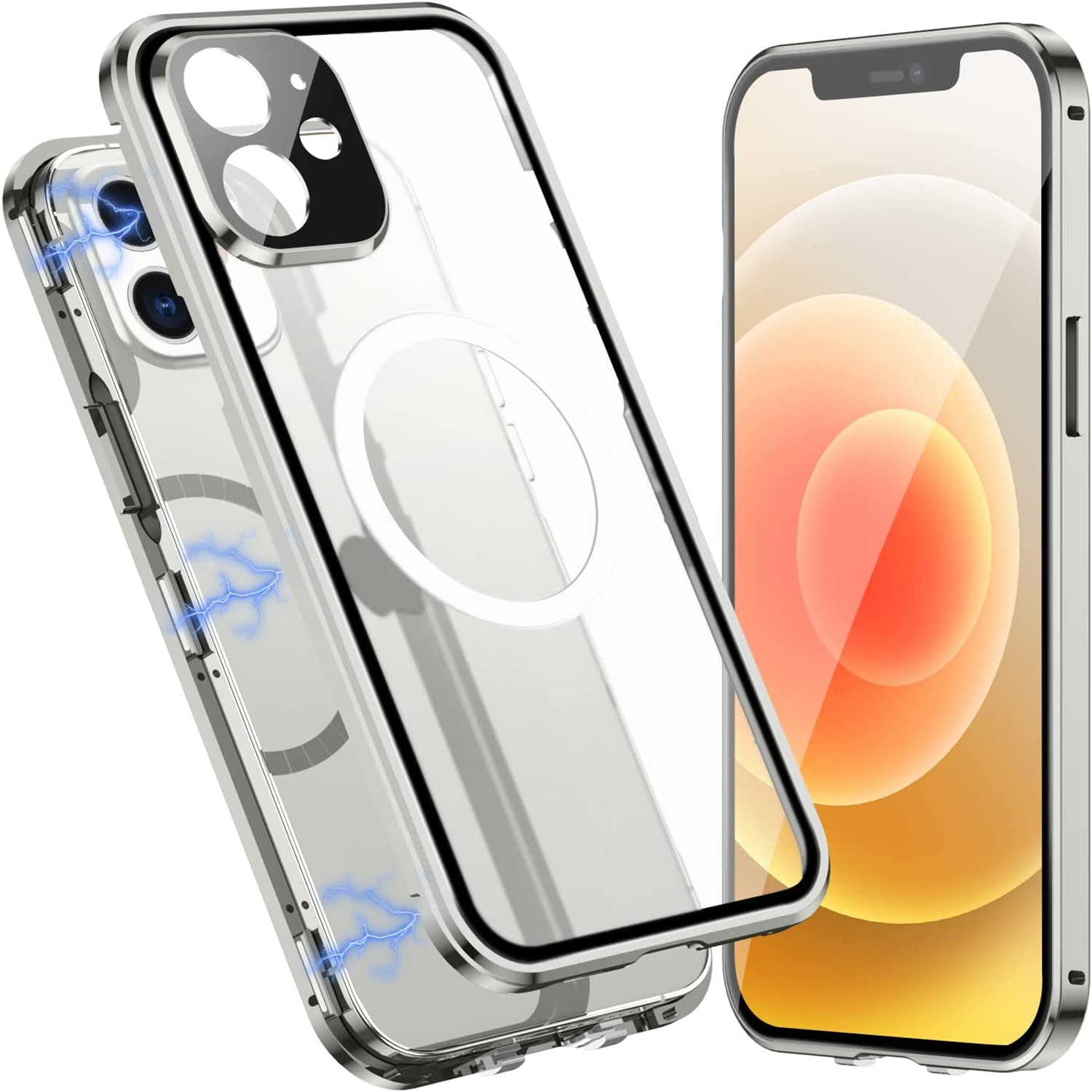 Allytech Slim Thin Case for iPhone 12 (2020), Compatible with MagSafe Accessories Built-in Screen Protector & Camera Lens Protector Shockproof Magnetic Case for iPhone 12, Silver