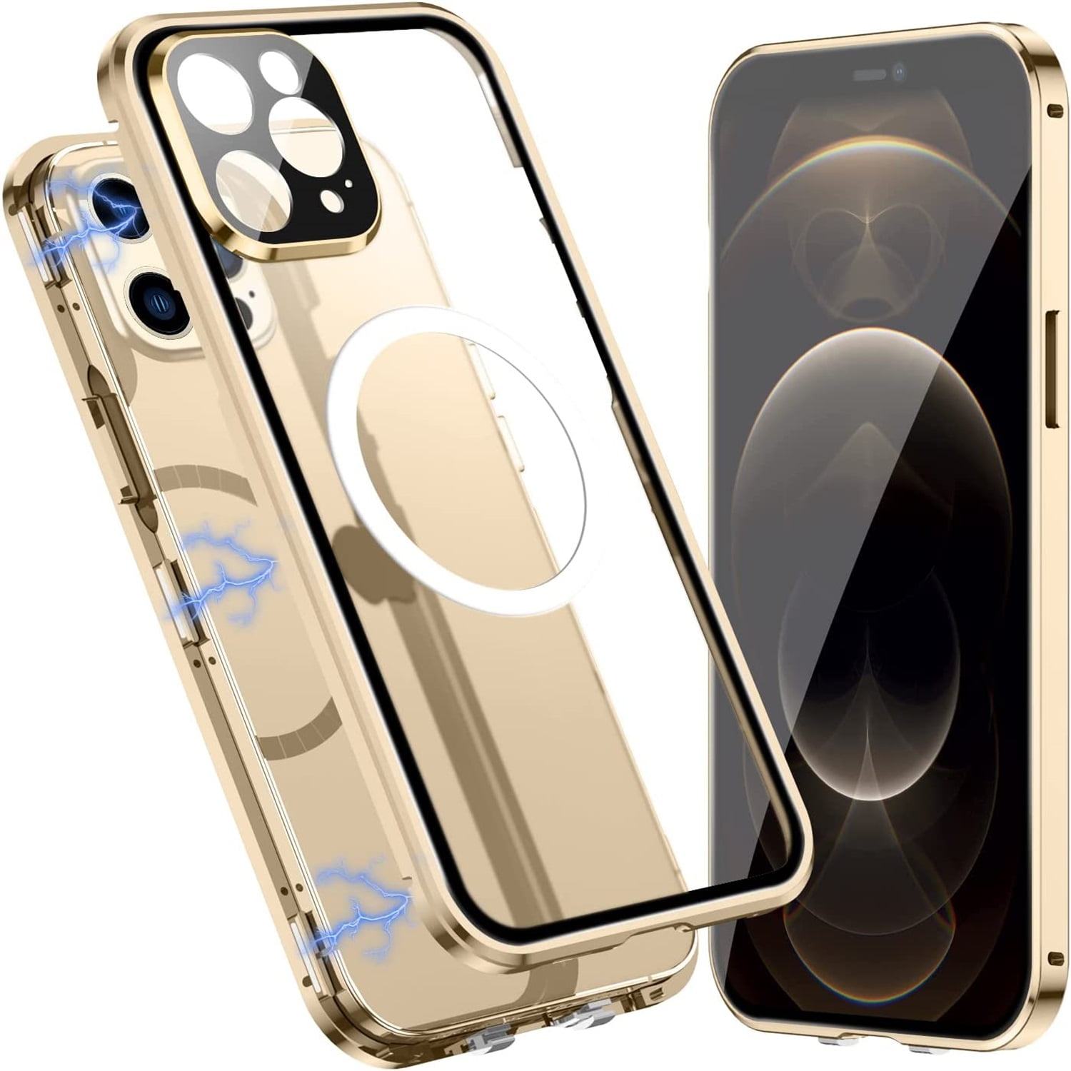 Allytech Slim Thin Case for iPhone 12 Pro (2020), Compatible with MagSafe Accessories Built-in Screen Protector & Camera Lens Protector Shockproof Magnetic Case for iPhone 12 Pro, Gold