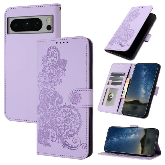 Allytech Slim Wallet Case for Google Pixel 8 Pro, [Embossed Pattern PU Leather] [ Card Slots & Cash Pocket & Magnetic Clasp], Kickstand Shockproof Anti-Scratch Protective Fashion Case, Purple