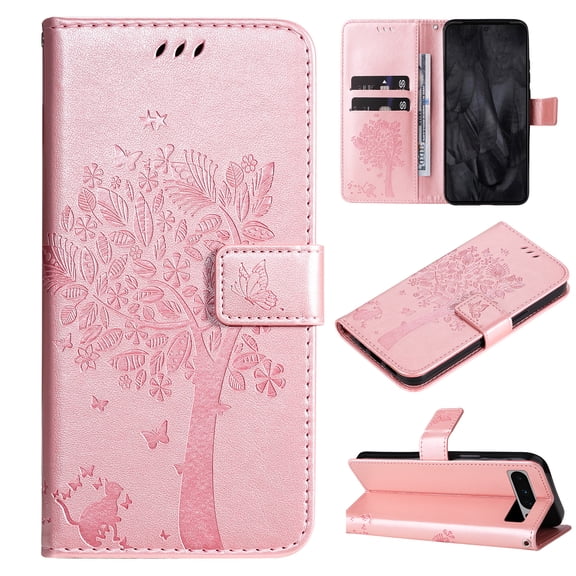 Allytech Slim Wallet Case for Google Pixel 8 Pro, Stylish Embossed Pattern PU Leather Shockproof Cover with Card Slots & Cash Pocket & Wrist Strap, Magnetic Clasp Protective Case - Rosegold