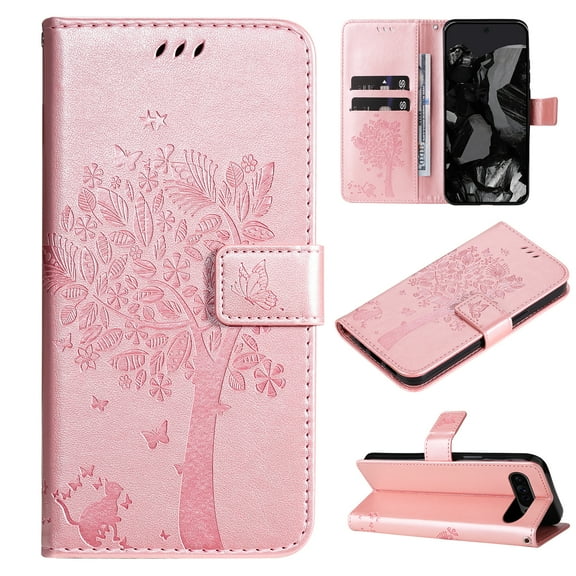 Allytech Slim Wallet Case for Google Pixel 9 / 9 Pro, Stylish Embossed Pattern PU Leather Shockproof Cover with Card Slots & Cash Pocket & Wrist Strap, Magnetic Clasp Protective Case - Rosegold