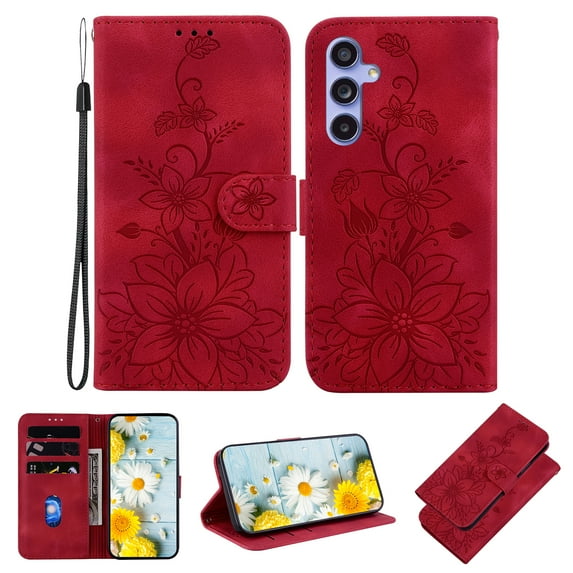 Allytech Slim Wallet Case for Samsung Galaxy A15, Premium PU Leather Cover with Fashion Flower Pattern, Card Slots & Kickstand Magnetic Clasp Shockproof Dustproof Case with Lanyard - Red