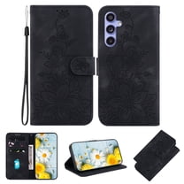 Allytech Slim Wallet Case for Samsung Galaxy A25 5G, Premium PU Leather Cover with Fashion Flower Pattern, Card Slots & Kickstand Magnetic Clasp Shockproof Dustproof Case with Lanyard - Black