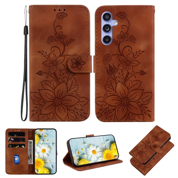 Allytech Slim Wallet Case for Samsung Galaxy A25 5G, Premium PU Leather Cover with Fashion Flower Pattern, Card Slots & Kickstand Magnetic Clasp Shockproof Dustproof Case with Lanyard - Brown