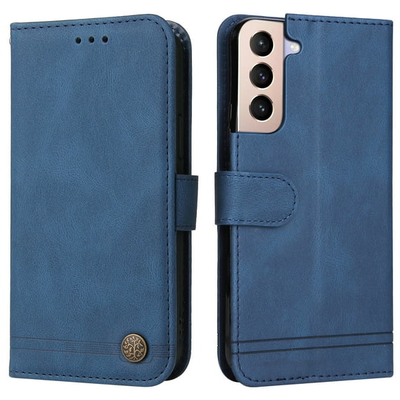 Allytech Slim Wallet Case for Samsung Galaxy S22 with Card Slots, Luxury PU Leather Magnetic Clasp Flip Wrist Shoulder Strap Kickstand Shockproof Protective Shell for Women Men - Blue