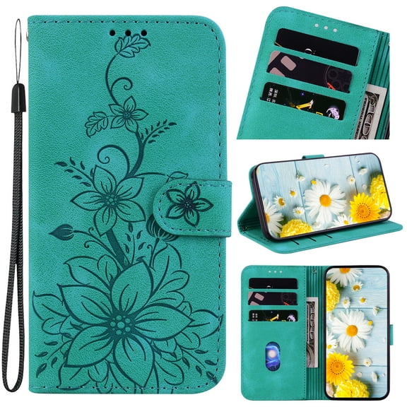 Allytech Slim Wallet Case for Samsung Galaxy S22 Ultra, Premium PU Leather Cover with Fashion Flower Pattern, Card Slots & Kickstand Magnetic Clasp Shockproof Dustproof Case with Lanyard - Green