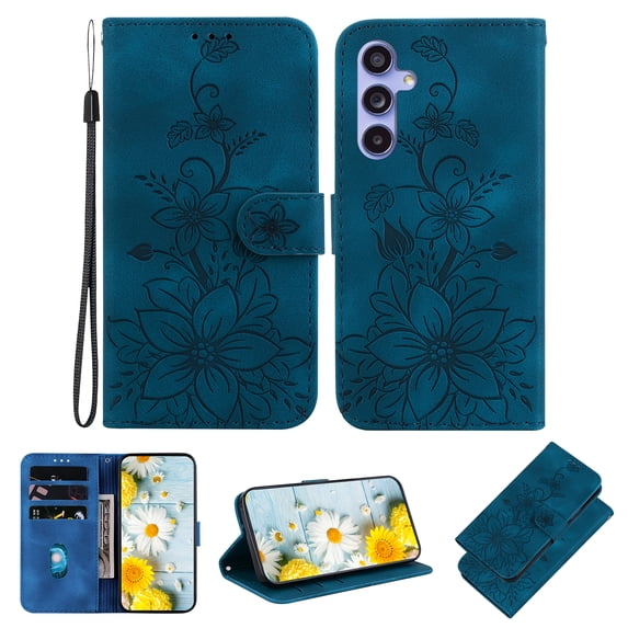 Allytech Slim Wallet Case for Samsung Galaxy S23 FE, Premium PU Leather Cover with Fashion Flower Pattern, Card Slots & Kickstand Magnetic Clasp Shockproof Dustproof Case with Lanyard - Blue