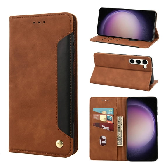 Allytech Slim Wallet Case for Samsung Galaxy S23 Plus, Luxury PU Leather + Soft TPU Cover with Card Slots & Cash Pocket, Magnetic Closure Kickstand Shockproof Business Case for Women men - Brown