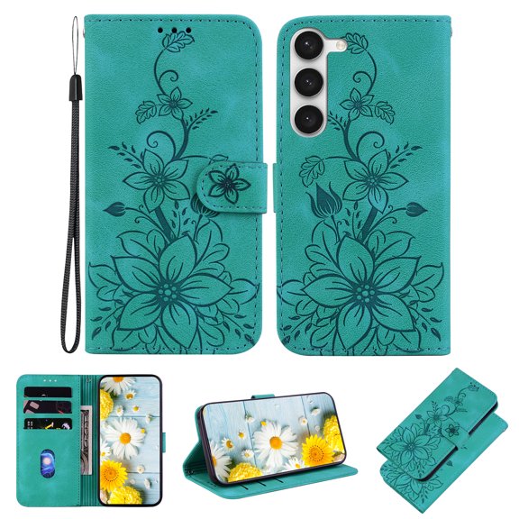 Allytech Slim Wallet Case for Samsung Galaxy S23 Plus, Premium PU Leather Cover with Fashion Flower Pattern, Card Slots & Kickstand Magnetic Clasp Shockproof Dustproof Case with Lanyard - Green