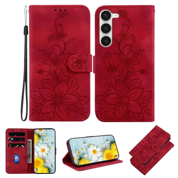 Allytech Slim Wallet Case for Samsung Galaxy S23, Premium PU Leather Cover with Fashion Flower Pattern, Card Slots & Kickstand Magnetic Clasp Shockproof Dustproof Case with Lanyard - Red