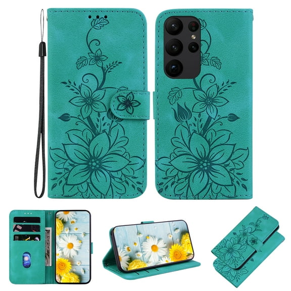 Allytech Slim Wallet Case for Samsung Galaxy S23 Ultra, Premium PU Leather Cover with Fashion Flower Pattern, Card Slots & Kickstand Magnetic Clasp Shockproof Dustproof Case with Lanyard - Green