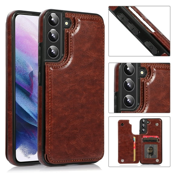Allytech Slim Wallet Case for Samsung Galaxy S24 FE, Flip PU Leather Kickstand Card Slots Case, Double Magnetic Buttons Shockproof Full Body Protection Durable Case for Women Men - Brown