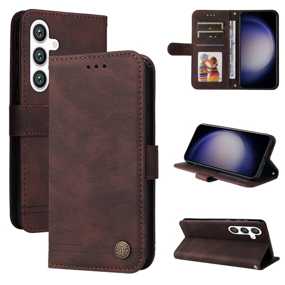 Allytech Slim Wallet Case for Samsung Galaxy S24 Plus with Card Slots, Luxury PU Leather Magnetic Clasp Flip Wrist Shoulder Strap Kickstand Shockproof Protective Shell for Women Men - Coffee