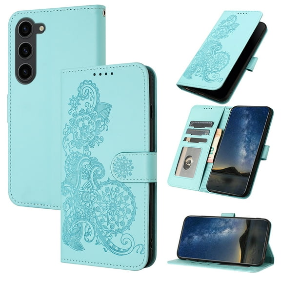 Allytech Slim Wallet Case for Samsung Galaxy S24 Plus, [Embossed Pattern PU Leather] [ Card Slots & Cash Pocket & Magnetic Clasp], Kickstand Shockproof Anti-Scratch Protective Fashion Case, Lightblue