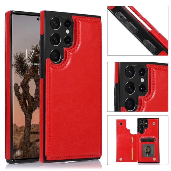 Allytech Slim Wallet Case for Samsung Galaxy S25 Ultra, Flip PU Leather Kickstand Card Slots Case, Double Magnetic Buttons Shockproof Full Body Protection Durable Case for Women Men - Red