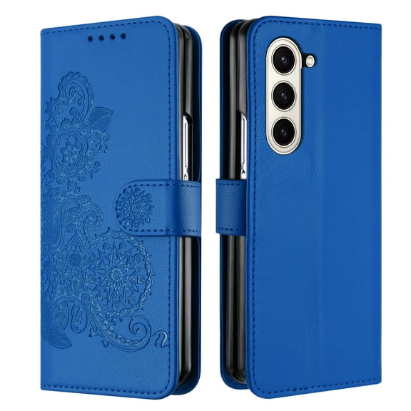 Allytech Slim Wallet Case for Samsung Galaxy Z Fold5, [Embossed Pattern PU Leather] [ Card Slots & Cash Pocket & Magnetic Clasp], Kickstand Shockproof Anti-Scratch Protective Fashion Case, Darkblue
