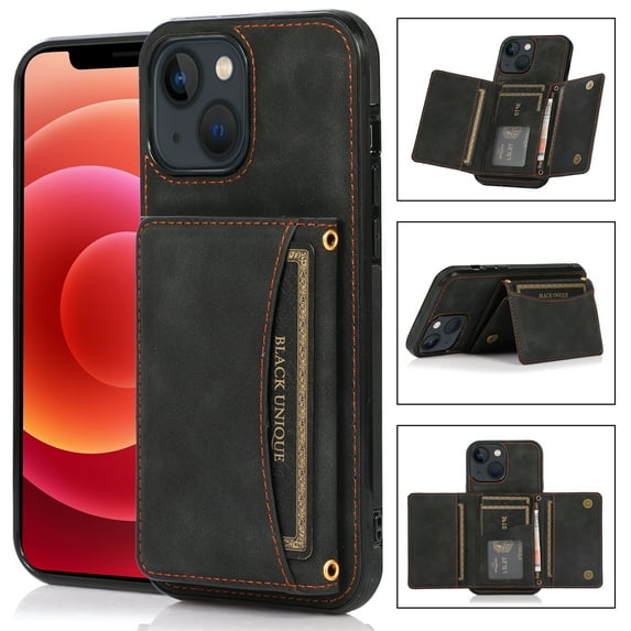 Allytech Slim Wallet Case for iPhone 13, Business Premium PU Leather Multi-Card Slots Anti-Drop Anti-Scratch Full Body Protection Kickstand Case for iPhone 13 - Black