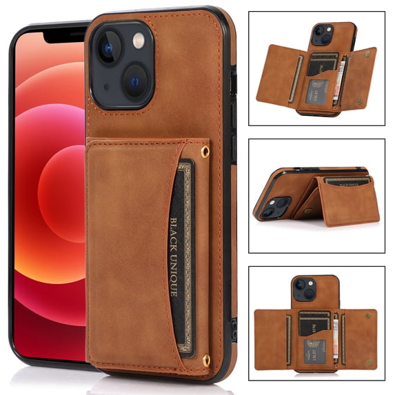 Allytech Slim Wallet Case for iPhone 13, Business Premium PU Leather Multi-Card Slots Anti-Drop Anti-Scratch Full Body Protection Kickstand Case for iPhone 13 - Brown
