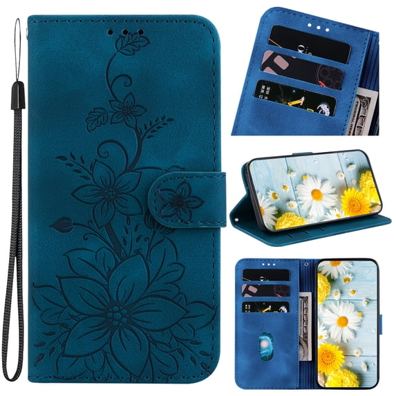 Allytech Slim Wallet Case for iPhone 14 Pro, Premium PU Leather Cover with Fashion Flower Pattern, Card Slots & Kickstand Magnetic Clasp Shockproof Dustproof Case with Lanyard - Blue