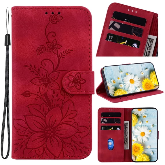 Allytech Slim Wallet Case for iPhone 14 Pro, Premium PU Leather Cover with Fashion Flower Pattern, Card Slots & Kickstand Magnetic Clasp Shockproof Dustproof Case with Lanyard - Red