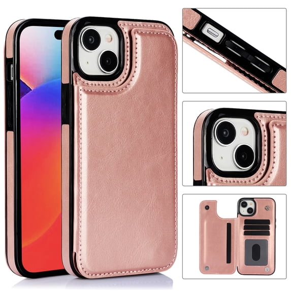 Allytech Slim Wallet Case for iPhone 15, Flip PU Leather Kickstand Card Slots Case, Double Magnetic Buttons Shockproof Full Body Protection Durable Case for Women Men - Rosegold