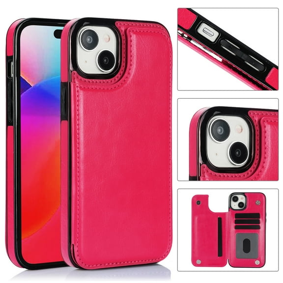 Allytech Slim Wallet Case for iPhone 15, Flip PU Leather Kickstand Card Slots Case, Double Magnetic Buttons Shockproof Full Body Protection Durable Case for Women Men - Rose