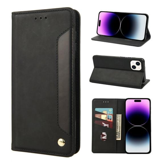 Allytech Slim Wallet Case for iPhone 15, Luxury PU Leather + Soft TPU Cover with Card Slots & Cash Pocket, Magnetic Closure Kickstand Shockproof Business Case for Women men - Black