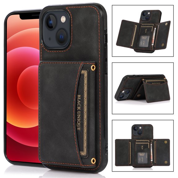 Allytech Slim Wallet Case for iPhone 15 Plus, Business Premium PU Leather Multi-Card Slots Anti-Drop Anti-Scratch Full Body Protection Kickstand Case for iPhone 15 Plus - Black