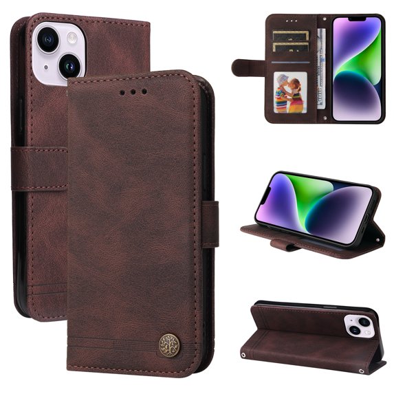 Allytech Slim Wallet Case for iPhone 15 Plus with Card Slots, Luxury PU Leather Magnetic Clasp Flip Wrist Shoulder Strap Kickstand Shockproof Protective Shell for Women Men - Coffee