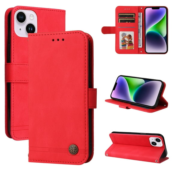 Allytech Slim Wallet Case for iPhone 15 Plus with Card Slots, Luxury PU Leather Magnetic Clasp Flip Wrist Shoulder Strap Kickstand Shockproof Protective Shell for Women Men - Red
