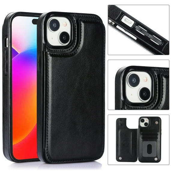 Allytech Slim Wallet Case for iPhone 15 Plus, Flip PU Leather Kickstand Card Slots Case, Double Magnetic Buttons Shockproof Full Body Protection Durable Case for Women Men - Black