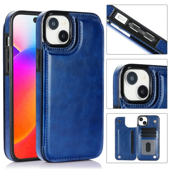 Allytech Slim Wallet Case for iPhone 15 Plus, Flip PU Leather Kickstand Card Slots Case, Double Magnetic Buttons Shockproof Full Body Protection Durable Case for Women Men - Darkblue