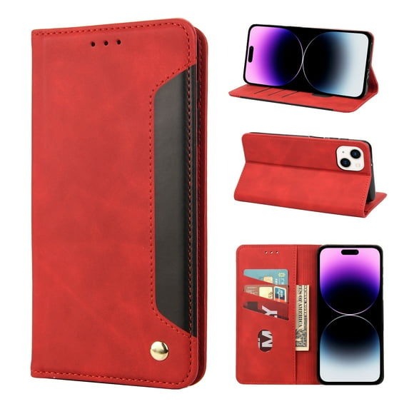 Allytech Slim Wallet Case for iPhone 15 Plus, Luxury PU Leather + Soft TPU Cover with Card Slots & Cash Pocket, Magnetic Closure Kickstand Shockproof Business Case for Women men - Red