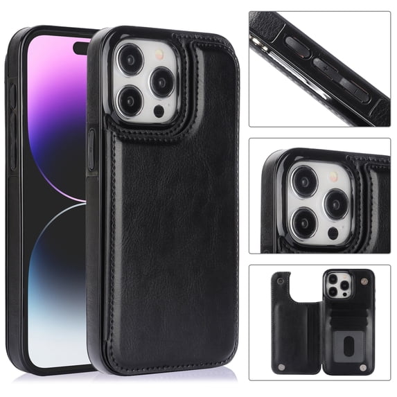 Allytech Slim Wallet Case for iPhone 15 Pro, Flip PU Leather Kickstand Card Slots Case, Double Magnetic Buttons Shockproof Full Body Protection Durable Case for Women Men - Black