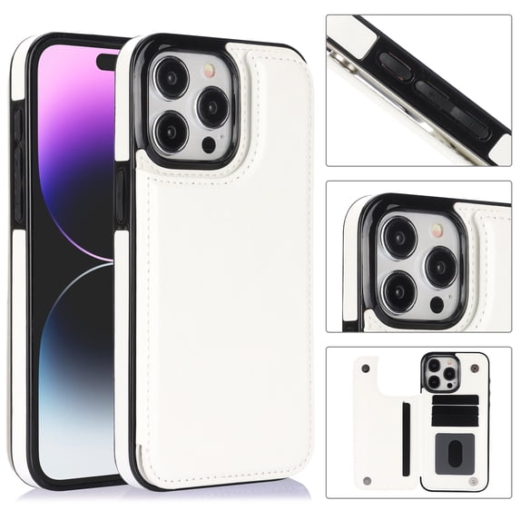 Allytech Slim Wallet Case for iPhone 15 Pro, Flip PU Leather Kickstand Card Slots Case, Double Magnetic Buttons Shockproof Full Body Protection Durable Case for Women Men - White
