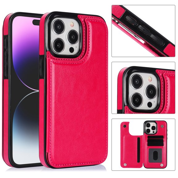 Allytech Slim Wallet Case for iPhone 15 Pro, Flip PU Leather Kickstand Card Slots Case, Double Magnetic Buttons Shockproof Full Body Protection Durable Case for Women Men - Rose