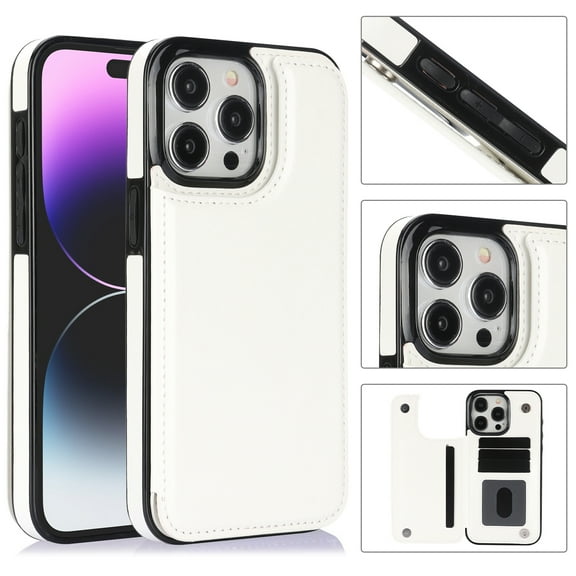 Allytech Slim Wallet Case for iPhone 15 Pro Max, Flip PU Leather Kickstand Card Slots Case, Double Magnetic Buttons Shockproof Full Body Protection Durable Case for Women Men - White