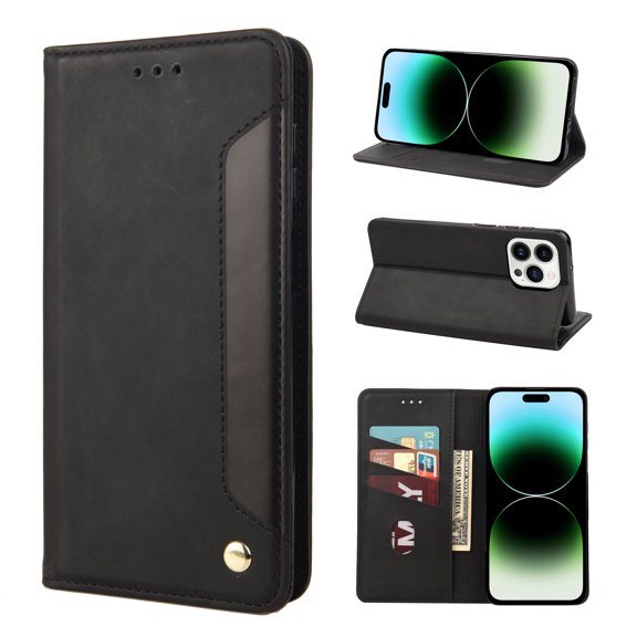 Allytech Slim Wallet Case for iPhone 15 Pro Max, Luxury PU Leather + Soft TPU Cover with Card Slots & Cash Pocket, Magnetic Closure Kickstand Shockproof Business Case for Women men - Black