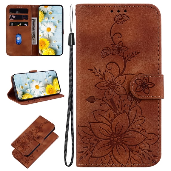 Allytech Slim Wallet Case for iPhone 15 Pro, Premium PU Leather Cover with Fashion Flower Pattern, Card Slots & Kickstand Magnetic Clasp Shockproof Dustproof Case with Lanyard - Brown