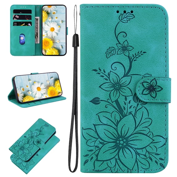 Allytech Slim Wallet Case for iPhone 15 Pro, Premium PU Leather Cover with Fashion Flower Pattern, Card Slots & Kickstand Magnetic Clasp Shockproof Dustproof Case with Lanyard - Green