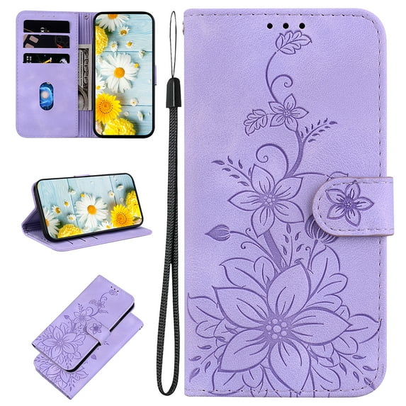 Allytech Slim Wallet Case for iPhone 15 Pro, Premium PU Leather Cover with Fashion Flower Pattern, Card Slots & Kickstand Magnetic Clasp Shockproof Dustproof Case with Lanyard - Purple