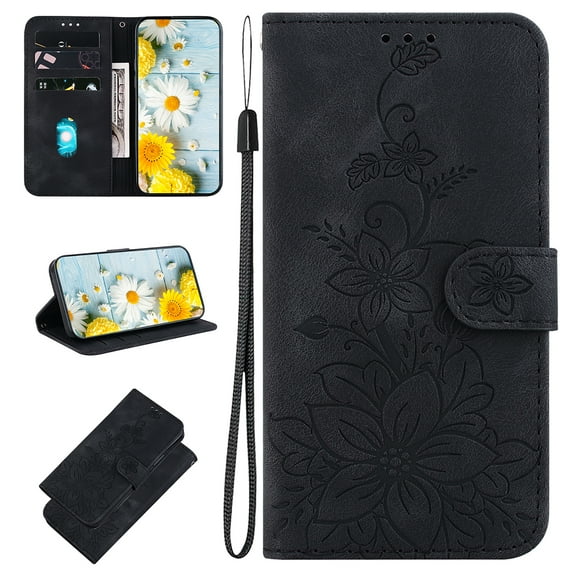 Allytech Slim Wallet Case for iPhone 15 Pro, Premium PU Leather Cover with Fashion Flower Pattern, Card Slots & Kickstand Magnetic Clasp Shockproof Dustproof Case with Lanyard - Black