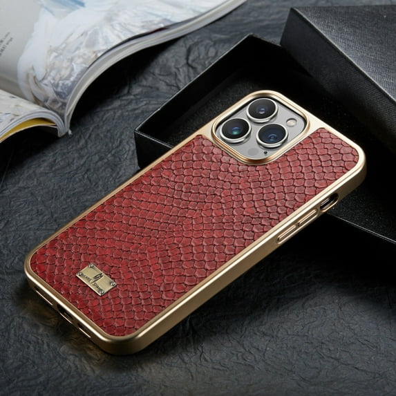 Allytech Stylish Case Snakeskin Pattern PU Leather Case with Snakeskin Pattern Gold Plating Bumper Ultra Slim Case For iPhone 13 Pro Max,Red