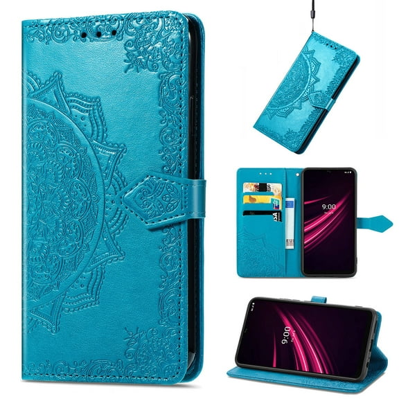 Allytech for T-Mobile REVVL 6 5G Wallet Case, Luxury PU Leather with Embossed Pattern, Magnetic Clasp Kickstand Card Cash Slots Shockproof Slim Flip Case with Hand Strap for Women Men - Blue