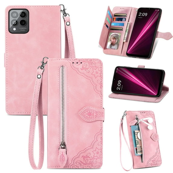 Allytech T-Mobile REVVL 6 Pro 5G Wallet Case, Embossed Luxury PU Leather Flip Case with Kickstand & Card Cash Slots, Slim Zipper Pocket Detachable Wrist Strap Magnetic Clasp Shockproof Case - Pink