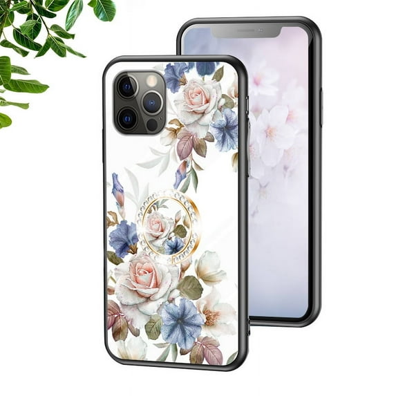 Allytech Tempered Glass Case Compatible with iPhone13 Pro for Girls Women,Fashion Flower Pattern Design Shockproof Case with Ring Holder for Apple iPhone 13 Pro 6.1 inch (white flower bush)