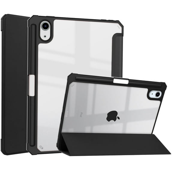 Allytech Trifold Case for iPad Mini 6th Gen 6.3 inch(2021 Model), Built-in Pencil Holder Shockproof Clear Transparent Back Shell Viewing & Typing Stand Protective Case for iPad Mini 6 2021, Black