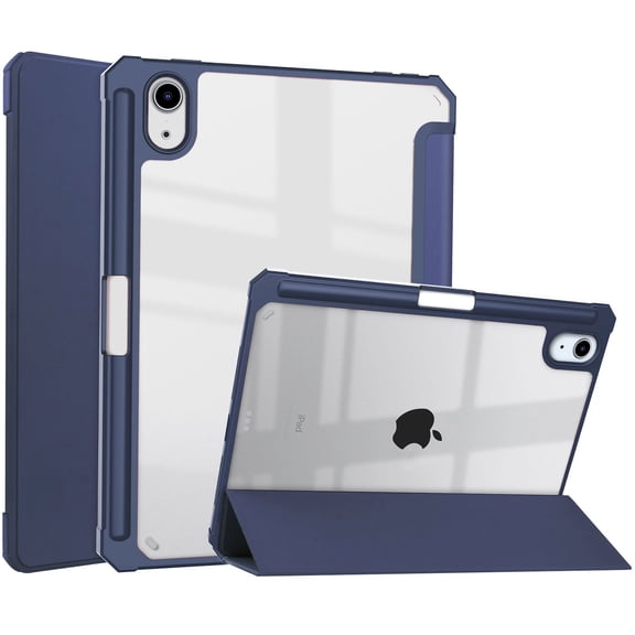 Allytech Trifold Case for iPad Mini 6th Gen 6.3 inch(2021 Model), Built-in Pencil Holder Shockproof Clear Transparent Back Shell Viewing & Typing Stand Protective Case for iPad Mini 6 2021, Darkblue