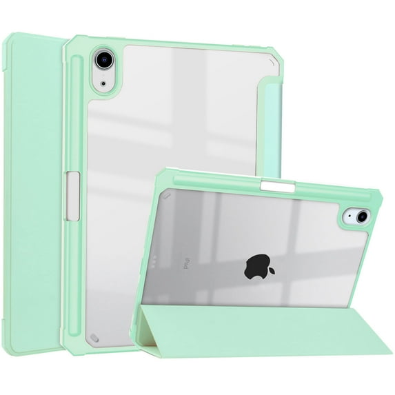 Allytech Trifold Case for iPad Mini 6th Gen 6.3 inch(2021 Model), Built-in Pencil Holder Shockproof Clear Transparent Back Shell Viewing & Typing Stand Protective Case for iPad Mini 6 2021, Mintgreen